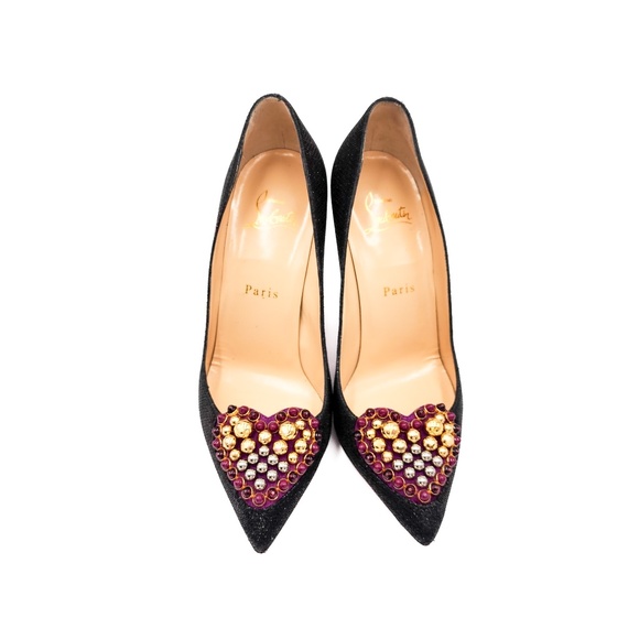 Christian Louboutin Coralta Mia 100 Glitter Tisse Heart Studded Pumps EU 37 - Picture 3 of 9